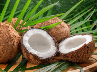 Fresh opened coconuts along with whole coconuts and coconut leaves on a wooden table.
