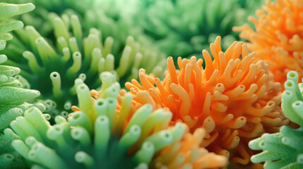 Macro close-up of minimalistic beautiful natural green corals, 3d render illustration style. Wallpaper coral texture under water. Marine exotic abstract background. 