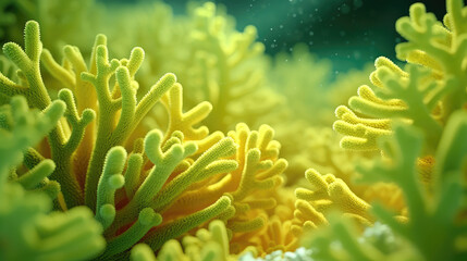 Fototapeta na wymiar Macro close-up of minimalistic beautiful natural yellow corals, 3d render illustration style. Wallpaper coral texture under water. Marine exotic abstract background. 