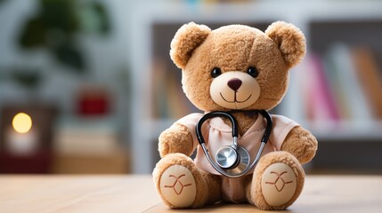 Teddy bear with a stethoscope in a blurred setting. - obrazy, fototapety, plakaty