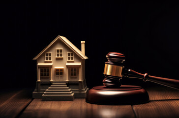 Judge gavel and house key on wooden background. Estate law concept.