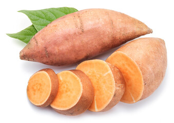 Sweet potatoes with sweet potato slices and batata leaves.