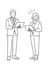 ノートパソコンを持つビジネスマンとビジネスウーマンの全身ベクターイラスト素材