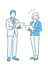 ノートパソコンを持つビジネスマンとビジネスウーマンの全身ベクターイラスト素材