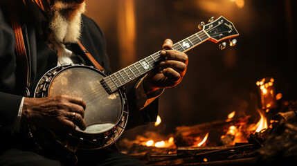 Strumming a banjo in a room with low light.