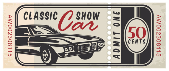 Retro ticket idea for classic car show. Vintage ticket template. Vector illustration with old car graphic.