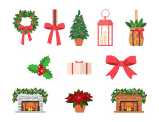 Set of Christmas decorations, wreath, fir tree, fireplace, and lantern, isolated on white background. Cartoon flat style. Vector illustration