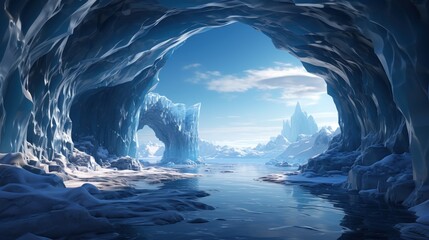Inside a blue ice cave with frozen pillars.
