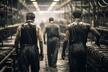 back view of male workers in factory