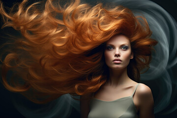 Portrait of a young gorgeous woman with long flying hair, fashion photo