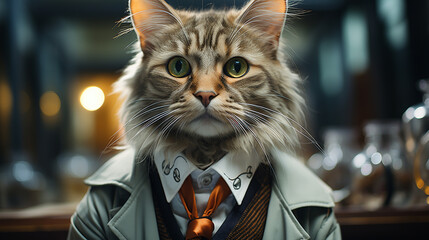 Cat wearing doctor coat.