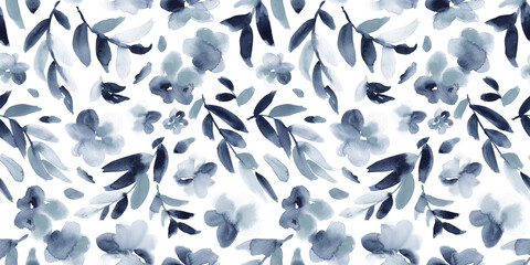Watercolor floral in blue grey. Seamless hand-painted abstract botanical pattern.