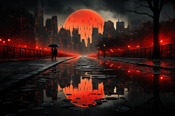 Dark city sunset pop art concept in black red colours. Reflection in the puddle.