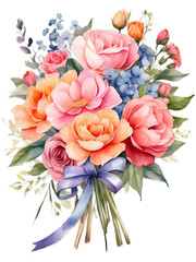 Fototapeta premium Watercolor illustration of colorful graduation flowers bunch. Creative graphics design. Romance bouquet of florals. 