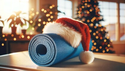 Red Santa hat on blue yoga mat, Christmas tree with lights behind. The yoga mat and Santa hat are ready for a Christmas yoga class.