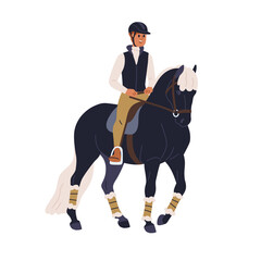 Equestrian riding horseback. Equine rider during horseriding, walk. Happy horseman, man on stallion, sitting in saddle, trotting. Flat graphic vector illustration isolated on white background