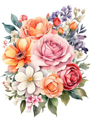  Watercolor illustration of colorful graduation flowers bunch. Creative graphics design. Romance bouquet of florals. Graduation's day. 