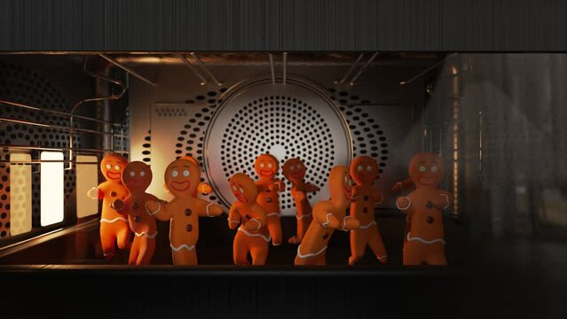 Preparation of gingerbread men in the oven while they, in the meantime, dance. Merry christmas and Happy New Year background. 3D cartoon animation