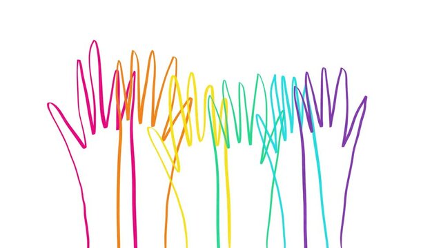 Cartoon human hands reaching out. Rainbow flag colors. 2d traditional animation.