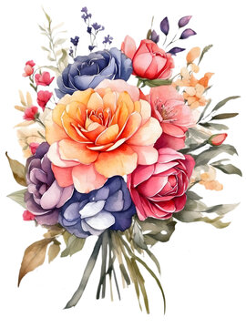  Watercolor illustration of colorful graduation flowers bunch. Creative graphics design. Romance bouquet of florals. Graduation's day. 