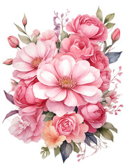  Watercolor illustration of pink graduation flowers bunch. Creative graphics design. Romance bouquet of florals. Graduation's day. Pink flowers bunch. 