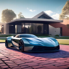a futuristic sports car in front of a modern luxurious house