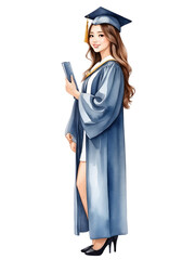 Watercolor illustration of beautiful woman on her graduation's day wearing blue graduation gown. Happy woman. Creative graphics design. 