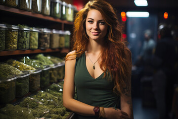 portrait of woman seller in a legal marijuana store behind the counter. Business selling cannabis and its products