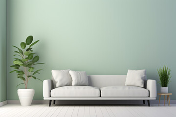 Living room interior design with green empty wall, gray sofa and indoor plants, minimal scandinavian style.