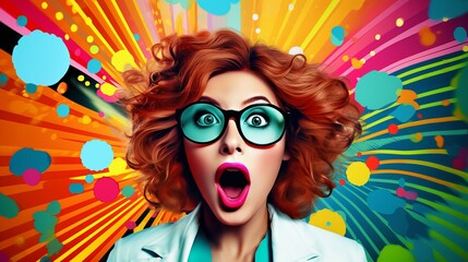 Portrait of surprised woman in glasses in retro pop art style, astonishment on woman face with bold colors and dynamic shapes evoking spirit of 1960s, vintage advertising billboard of shocked female