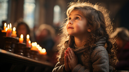 Little girl praying in a church.