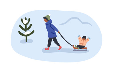Man pulling winter sleds with happy kid. Black child on snow sleigh, sledge in cold weather. Winter holiday fun, wintertime leisure activity. Flat vector illustration isolated on white background
