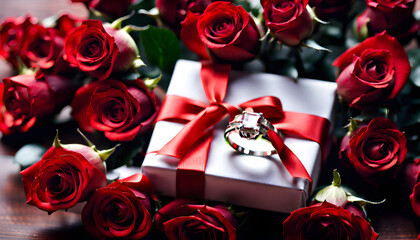 Red rose flower and golden wedding ring