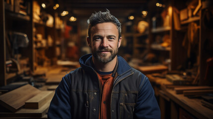 Fototapeta premium Portrait of a carpenter standing in a workshop.