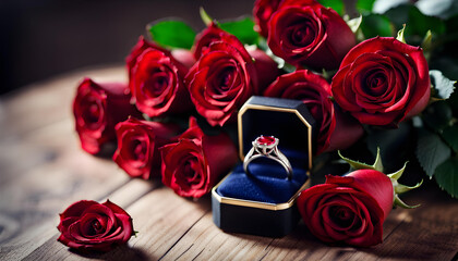 Red rose flower and golden wedding ring