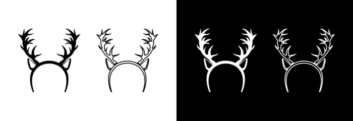 Foto op Plexiglas Christmas wreath with deer antlers on a white and black background. Festive headdress. © Yuliia