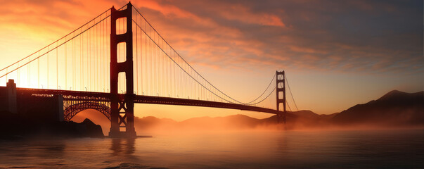 Like Golden Gate Bridge and Bay area in California, mist underneath bridge.banner