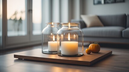 Fototapeta na wymiar Candles jar with burning candle. Home decor and accent pieces. Interior design of modern living room