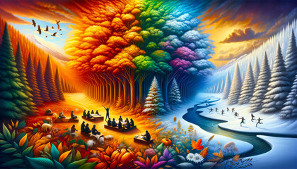 A Panoramic Tapestry of Nature's Seasons Unveiled. Autumn to Winter