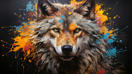 painting of a wolf face with colorful paint splatters
