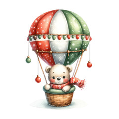 Christmas cute bear clipart. A cartoon watercolor illustration. hot air balloon with cute teddy bear. Can be used for print, poster, pattern, book illustration