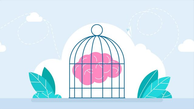 A brain in the cage. Describe confined mind. Human brain trapped in cage. Depression, panic and worry, memory problems, cognitive therapy, mind under control, memory prisoner. 2d flat animation
