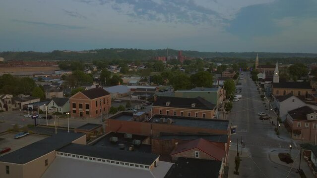 Aerial flyover Lawrenceburg, Indiana on a pretty morning at sunrise.