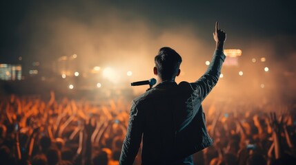 Unrecognizable singer male standing on stage in concert with crowd of people, live music with audience hold smartphone taking picture, musician man on tour with spot light in city night background - obrazy, fototapety, plakaty