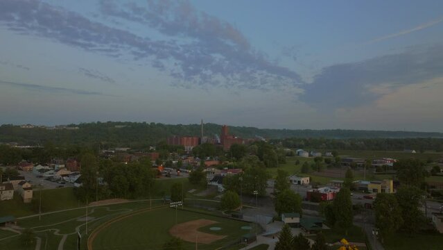Aerial over Lawrenceburg, Indiana with push towards baseball diamond.