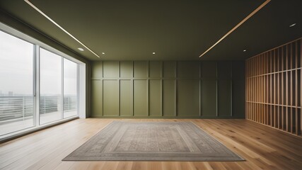 Obraz premium Empty room interior background, white paneling wall, wooden flooring and big window
