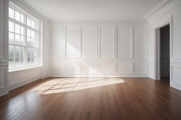  Empty room interior background, white paneling wall, wooden flooring and big window