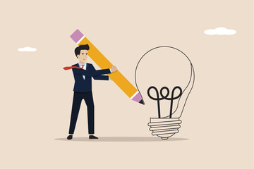 Solving puzzle problem or business idea, innovation or creativity, challenge or thinking process concept, businessman holding pencil drawing new light bulb idea.