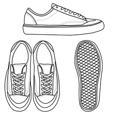 Template vector sneaker, suitable for your custom sneaker design. Outline vector doodle illustration,  front, back, side, and top view. Isolated on a white background.
