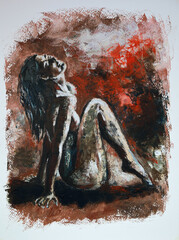 Young naked woman is sitting. Modern oil painting